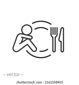 icono de persona de hambre, concepto de pobreza, símbolo de línea delgada sobre fondo blanco - ilustración de vector de trazo editable