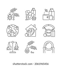 Hunger reasons linear icons set. Pests and harvest loss danger. Financial problem that lead to hunger. Customizable thin line contour symbols. Isolated vector outline illustrations. Editable stroke