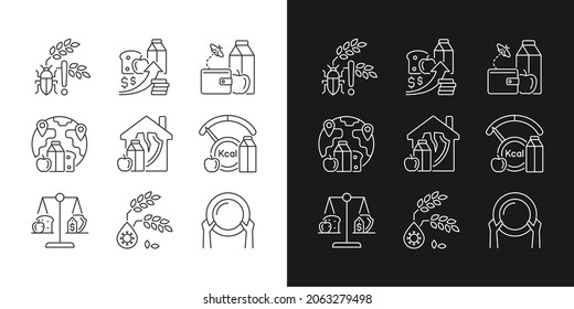 Hunger reasons linear icons set for dark and light mode. Pests and harvest loss danger. Poverty and starvation. Customizable thin line symbols. Isolated vector outline illustrations. Editable stroke