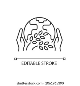 Lineares Symbol für die Organisation der Hungerhilfe. Globale Initiativen, die armen und hungrigen Menschen helfen. Dünne, anpassbare Illustration. Contour-Symbol. Vektor-einzelne Rahmenzeichnung. Bearbeitbarer Hub