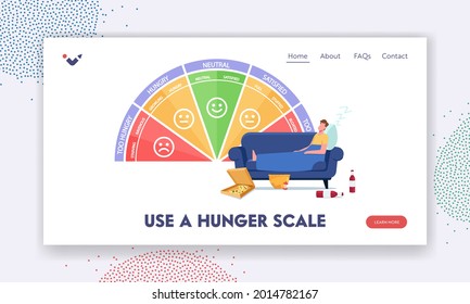 Hunger Scale Landing Page Template. Overeat Character Lying on Coach at Huge Chart with Levels Too Hungry, Satisfied, Neutral and Too Full Levels or Stages, Man Sleeping. Cartoon Vector Illustration