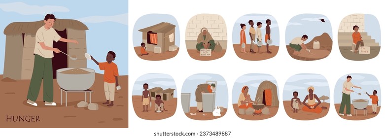 Hunger starvation flat composition set with poor hungry adults and children isolated vector illustration