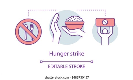 Hunger strike concept icon. Voluntary food refuse, nonviolent protest idea thin line illustration. Tableware with stop sign, rice bowl and protester vector isolated outline drawing. Editable stroke