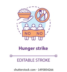 Hunger strike concept icon. Voluntary food abstinence, nonviolent protest idea thin line illustration. Protesters with banner, rice bowl and tableware vector isolated outline drawing. Editable stroke