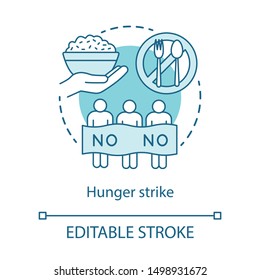 Hunger strike concept icon. Voluntary food refuse, nonviolent protest idea thin line illustration. Protesters with banner, rice bowl and tableware vector isolated outline drawing. Editable stroke