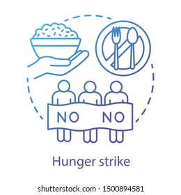 Hunger strike concept icon. Voluntary food abstinence, nonviolent protest idea thin line illustration. Protesters with banner, rice and tableware vector isolated outline drawing. Social demonstration