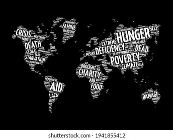 Hunger word cloud in shape of world map, concept background
