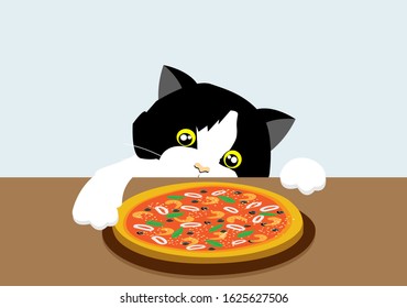 Hungry Adorable Tuxedo Cat Stealing Seafood Pizza On Table. Isloated On Light Blue Background. Vector Illustration. Idea For Funny Bad Cat Behavior/instinct.