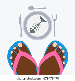 hungry african woman. black girl & female standing with flip flops & slipper. starving & hunger in africa isolated. bones fish in plate with fork & knife cartoon flat design vector above. charity ad