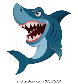 Hungry angry cartoon great white shark wiith big teeth isolated. Vector illustration eps 10 