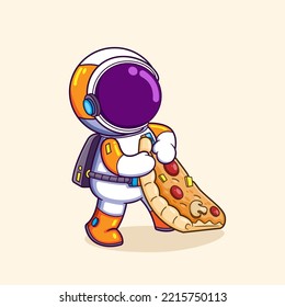 The hungry astronaut is pulling a piece of big pizza and ready to eat of illustration