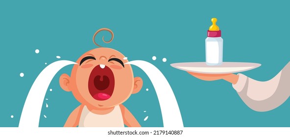 
Hungry Baby Crying Receiving a Milk Bottle Vector Cartoon. Parent serving angry fussy newborn infant on a platter
