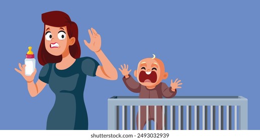 
Hungry Baby Making Mom Hurry with Formula Bottle Vector Illustration. Tired mom feeling stressed out by being a single parent 
