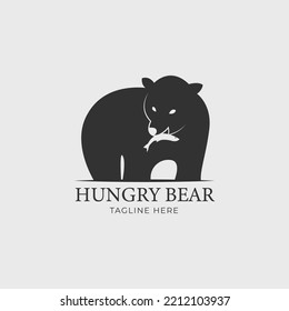 oso hambriento mordiendo pescado. Diseño de logotipo animal para empresa, marca y sitio web. EPS vectorial 10