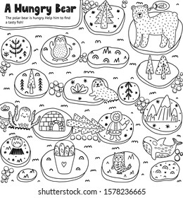 A Hungry Bear black and white labyrinth game for kids. Fins the path to a tasty fish. Funny activity template for children. North animals maze coloring page. Vector illustration