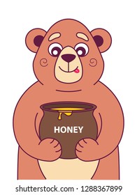 hungry bear holds a pot of honey and licks. character vector illustration
