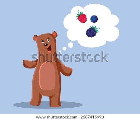 
Hungry Bear Thinking of Different Berries Vector Cartoon. Large omnivorous mammal craving for sweet frutty treat 