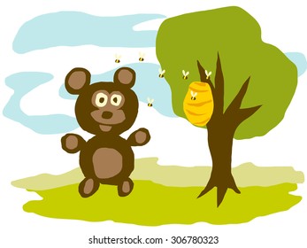 A hungry bear watching bee hive, vector illustration