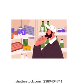 Hungry bearded man choosing food inside full fridge. Home refrigerator shelves with large choice of meal, products, drinks. Male character looking, thinking what to cooking. Flat vector illustration