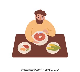 Hungry bearded man eating soup sit at table in cafe vector flat illustration. Cartoon male chewing chicken and corn enjoy dinner at restaurant isolated on white. Guy trying tasty meal at cafeteria