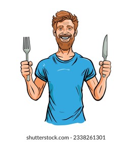Hungry bearded Man holding knife and fork. Hungry man waiting for food. Vector illustration isolated on white background