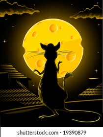 hungry black rat and yellow cheese moon vector illustration