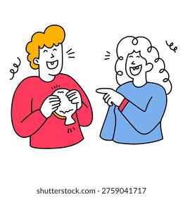 hungry boy biting fish drawing and girl laughing during april fools day