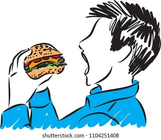 niño hambriento comiendo burguesa ilustración vectorial