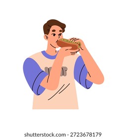 Menino faminto come cachorro-quente. O adolescente segura e morde o cachorro-quente. O jovem tem gosto de lanche de rua. Pessoa com fast food saboroso, fast food de retirada. Ilustração de vetor isolado plano sobre fundo branco