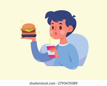 Hungry boy having fast food lunch holding tasty burger and beverage cup with straw sitting comfortably feeling satisfied vector illustration for food lifestyle or snack break themed design.