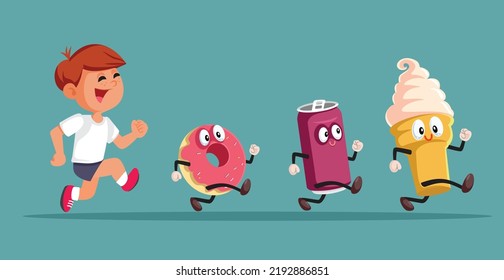 
Hungry Boy Running After Delicious Treats Vector Cartoon Illustration. Child chasing unhealthy treats full of sugar and calories
