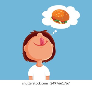 
Hungry Boy Thinking of a Hamburger Vector Cartoon Illustration. Craving child thinking about unhealthy yummy meal 

