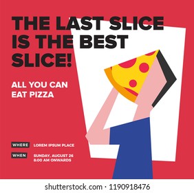 Hungry Boy/Guy/Man Eating Pizza with Hands. Flat Vector Illustration of Pizza and People. Pizza Party Template