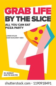 Hungry Boy/Guy/Man Eating Pizza with Hands. Flat Vector Illustration of Pizza and People. Pizza Party Template