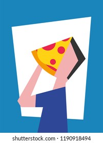 Hungry Boy/Guy/Man Eating Pizza with Hands. Flat Vector Illustration of Pizza and People. Pizza Party