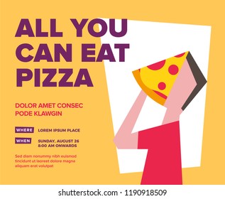 Hungry Boy/Guy/Man Eating Pizza with Hands. Flat Vector Illustration of Pizza and People. Pizza Party Template