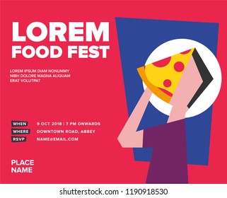 Hungry Boy/Guy/Man Eating Pizza with Hands. Flat Vector Illustration of Pizza and People. Food Fest Template