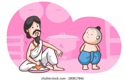 hungry brahman talk to traditional boy vector illustration
