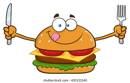 Hungry Burger Cartoon Mascot Character With Knife And Fork. Vector Illustration Isolated On White Background