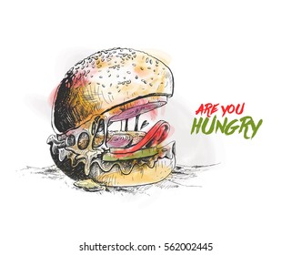 Hungry burger concept, Hand Drawn Sketch Vector illustration.