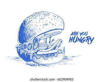 Hungry burger concept, Hand Drawn Sketch Vector illustration.