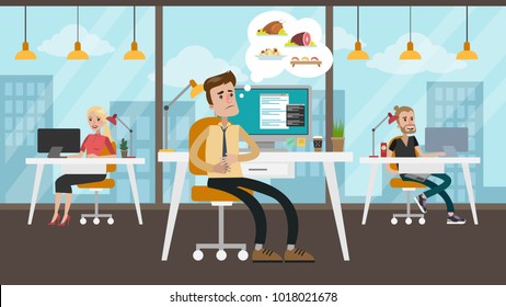 Hungry businessman at office thinking about food.