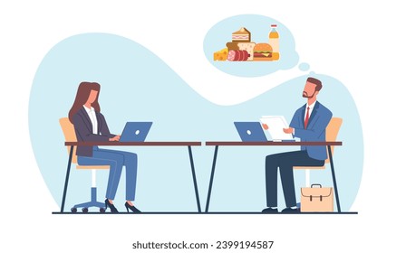 Un hombre de negocios hambriento en el cargo está pensando en la comida. Hombre soñando con hamburguesas y refrescos en el lugar de trabajo. El gerente quiere comer. Hora de la cena. Concepto de vector aislado plano de dibujos animados