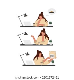 Hungry busy woman thinks about eat at work. Delivery food at work. Flat vector illustration isolated on white background. 
