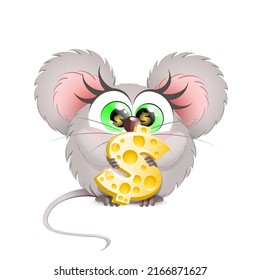 Hungry cartoon funny mouse girl with dollar shape piece of cheese in its paws and dollar reflection in the eyes.