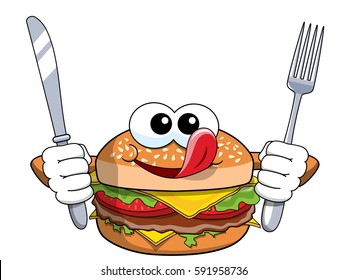 Hungry cartoon hamburger character holding fork and knife isolated