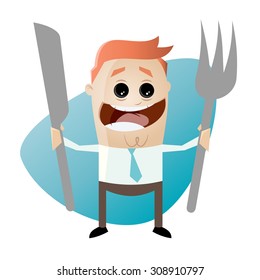 Hungry Cartoon Man With Fork And Knife