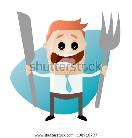 hungry cartoon man with fork and knife