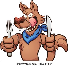 Hungry cartoon wolf licking it's lips. Vector clip art illustration with simple gradients. Hands, utensils,body and fingers on separate layers.