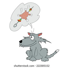 Hungry cartoon wolf sitting and dreaming about hot grill meat, sketch illustration isolated on white.